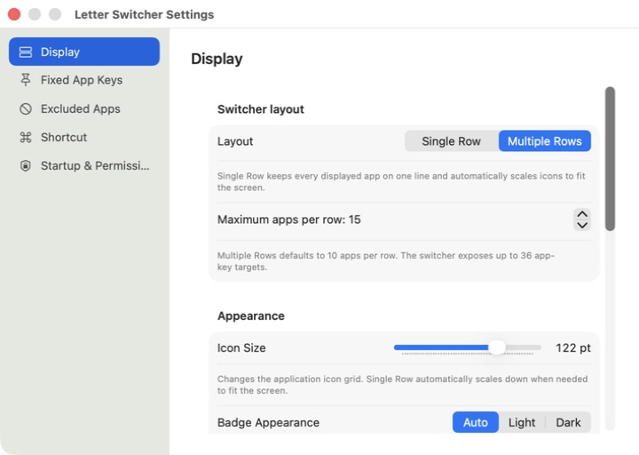 Letter Switcher display settings