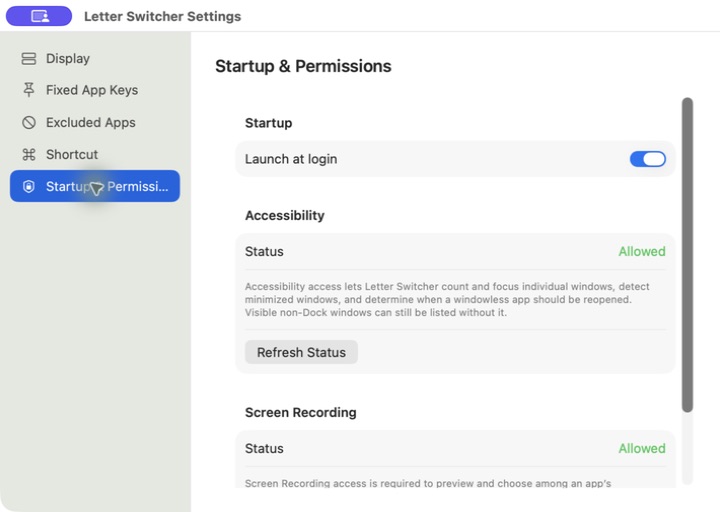 Startup and permissions settings